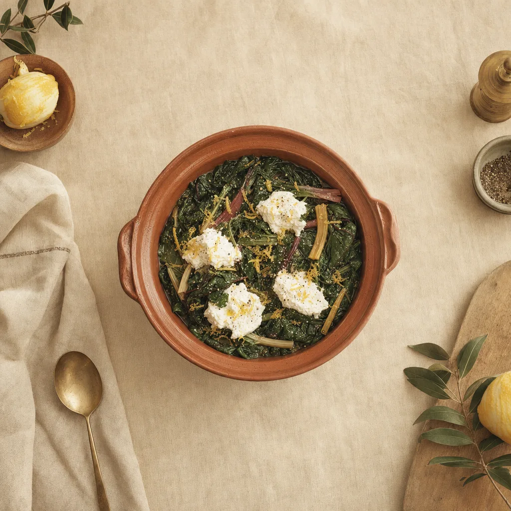 Chard and ricotta braise in a shallow terracotta dish