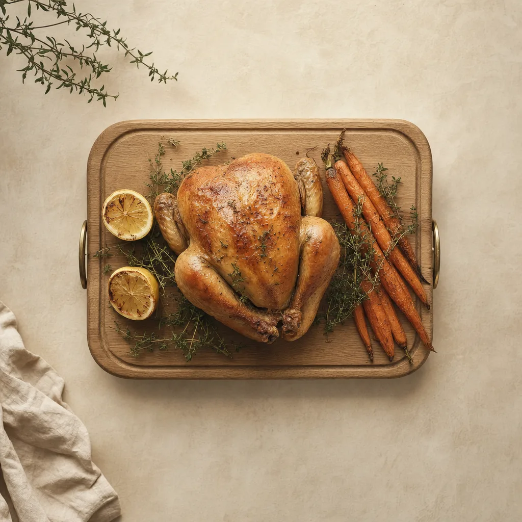 Whole roast chicken on an oak carving board
