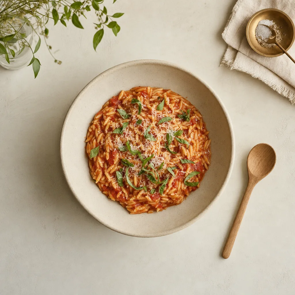 Tomato orzo in a wide cream stoneware bowl