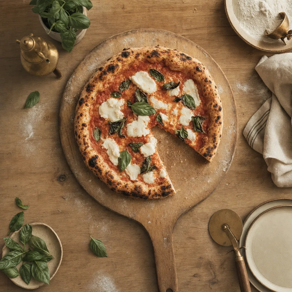 Homemade pizza on a floured wooden peel