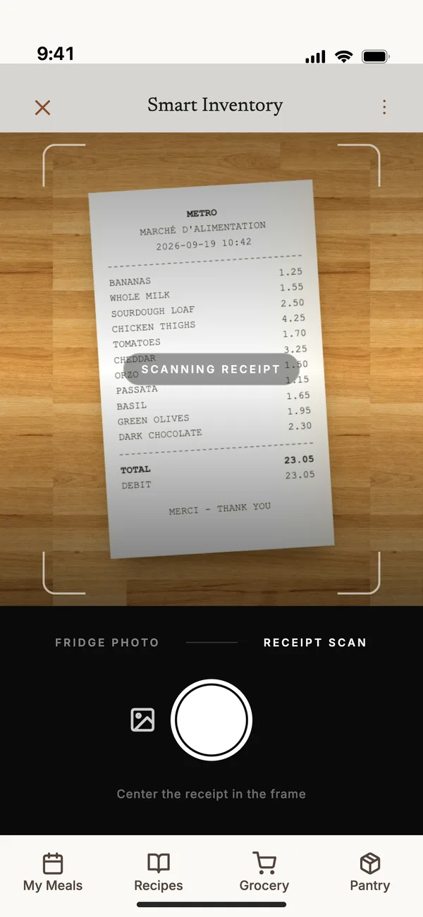 The Du Chef app: scanning a grocery receipt with the camera
