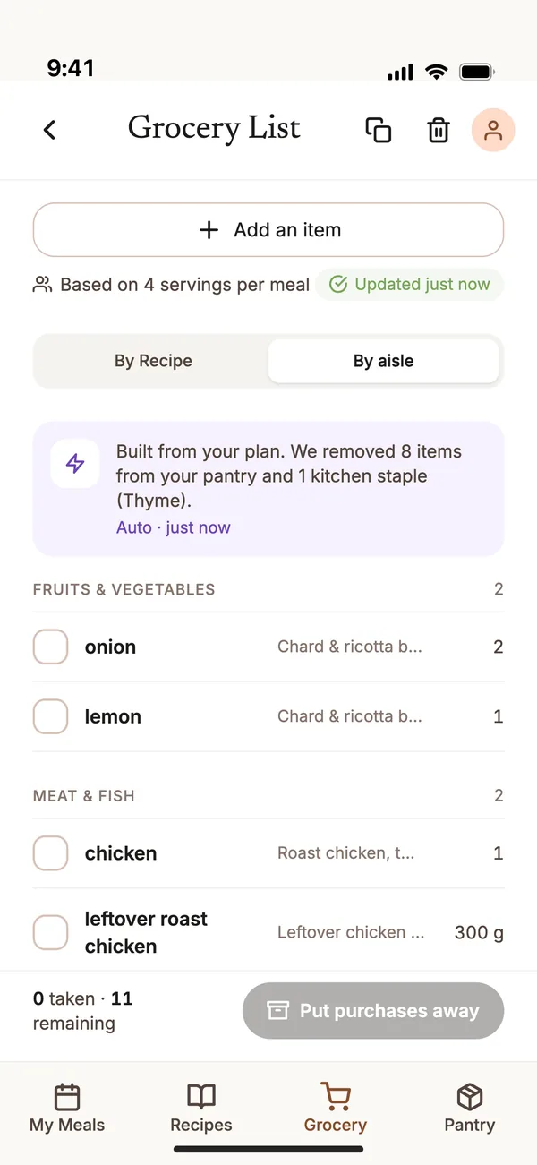 The Du Chef app: grocery list, grouped by aisle