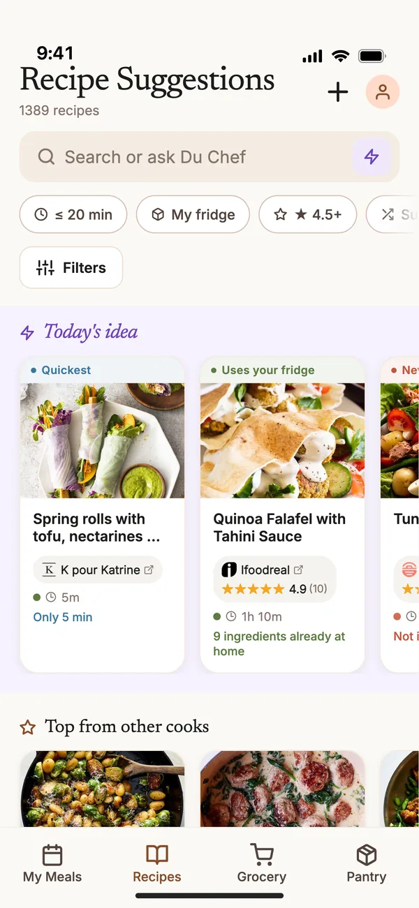 The Du Chef app: recipes screen