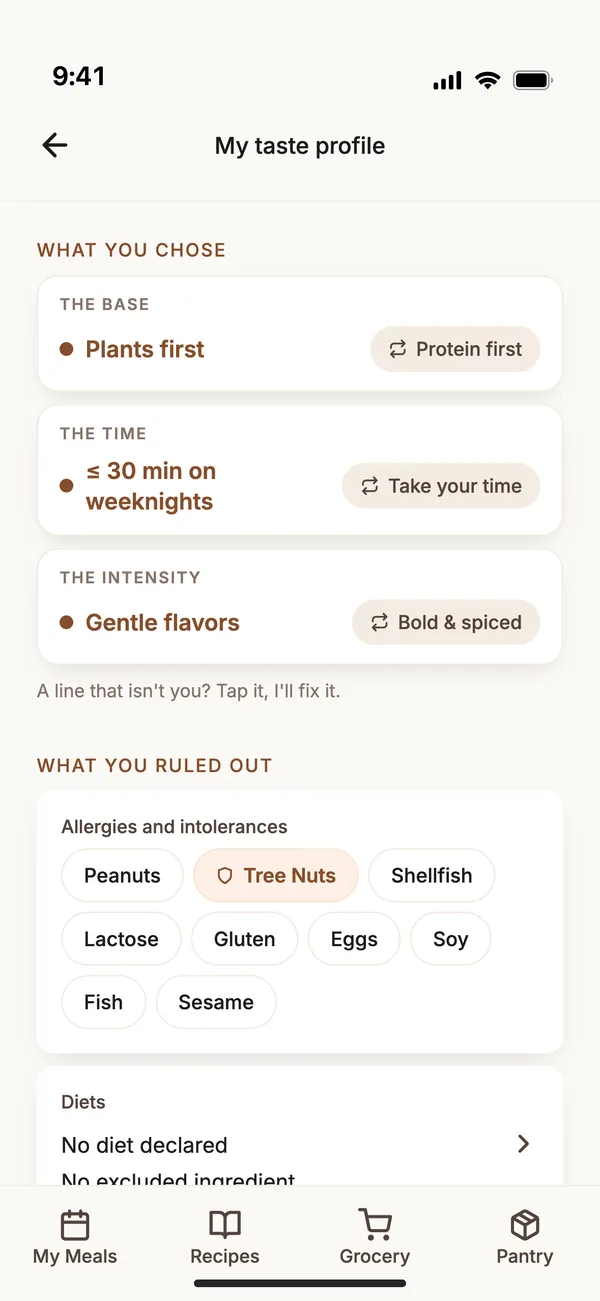 The Du Chef app: taste profile with a tree-nut allergy ruled out