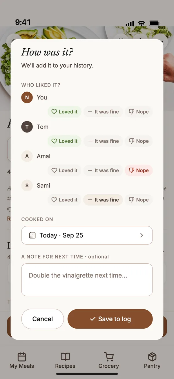 The Du Chef app: each person at the table, children included, rating the fish tacos